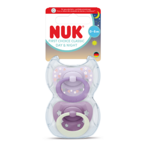NUK silikona māneklis FIRST CHOICE CLASSIC DAY & NIGHT, 0-6 mēn., 2gb Violets